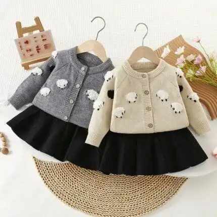 2025 Spring and Autumn New Children Sweater Cardigan Set Cute Cartoon Lamb Knitted Sweater Coat Top for Boys and Girls