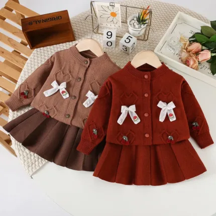 2026 Spring New Girls Clothing Set Bowknot Knit Cardigans And Pleated Knit Skirts 2Pcs Sweater Suit Girls Knit Outfit