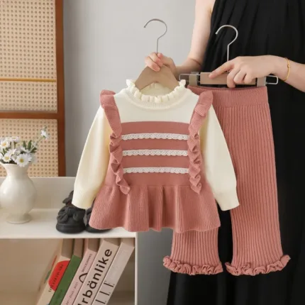 Girls Knitted Clothes Sets Spring Autumn Children Woolen Jersey Sweaters Tops Pants 2pcs Princess Suit For Baby Outfits Kids 6Y