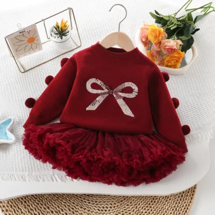 New toddler baby girl knitted set of red New Year clothing fashion foreign -witch knit sweater sweater+puffy skirt girl's Christ