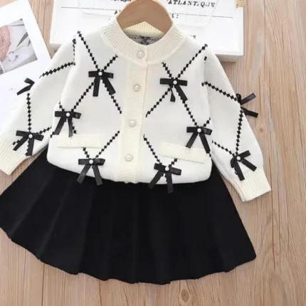 Girls Fashion Knitted Two Piece Cardigan Set For Baby Girls 1 To 8 Years Old Casual Daily Outfit 2026 New Fashion With Bow