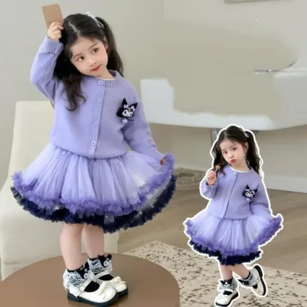 Sanrio Girl Dress Kuromi Kawaii Anime Fashion Child Autumn Knitted Sweater Puff Skirt 2-Piece Set Children's Clothing New Style