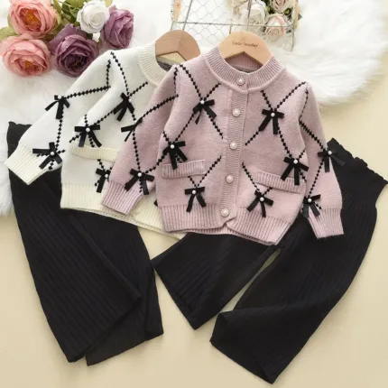 2025 Winter Sweater Girl's Outfit Long Sleeved Single Breasted Bow Knit Top+Pants 2 Piece Sets Fashion New Children's Clothing