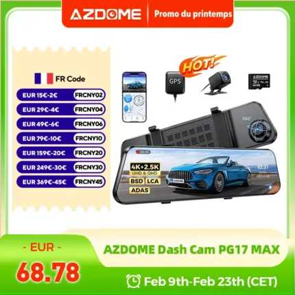 AZDOME PG17 MAX Front and Rear Dash Cam 12 Inch Touch Screen Car DVR 4K+2.5K Rearview Mirror Camera GPS WIFI Voice Control ADAS