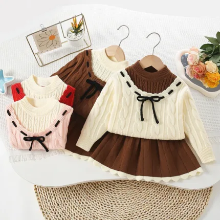 2025 New Autumn Winter Children Knitted Clothes Suit Long Sleeved Knitted Pullover Tops+Skirt 2-6Yrs Baby Girls Clothing Set