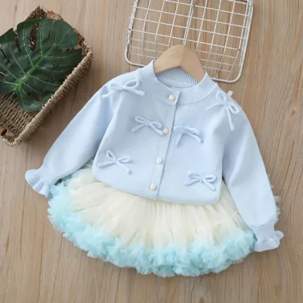 Girls Dresses Clothes Sets Spring Autumn Children Woolen Jersey Sweaters Tops Tutu Skirts 2pcs Princess Suit Baby Knitted Outfit