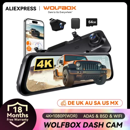 WOLFBOX G850 PRO 4K WIFI Mirror Dash Cam with ADAS and BSD 5.8GHz WiFi Voice Control Car DVR Rearview Mirror 12inch
