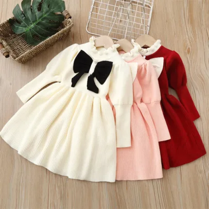 One-Piece Knit Dress for Kids Girl Autumn Winter Sweater Dresses Long Sleeve Bow Fashion Children Clothing Girl Clothes Casual