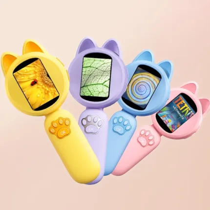 4X Kids Magnifying Glass Electronic Magnifying Glass Cat Shape Children Cartoon Magnifer Non Slip Handle for Science Education