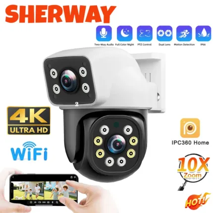 4K 8MP WiFi Surveillance Camera 10X Zoom Dual Lens PTZ IP Camera Outdoor AI Human Detect Security Cameras HD Color Night Vision